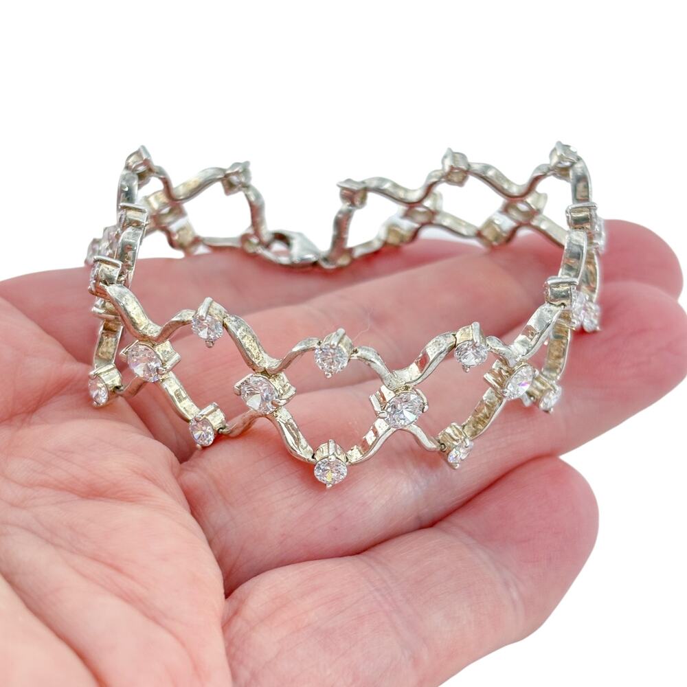 Vintage Sterling Silver 925 Cubic Zirconia Geometric Link Bracelet 7.5"